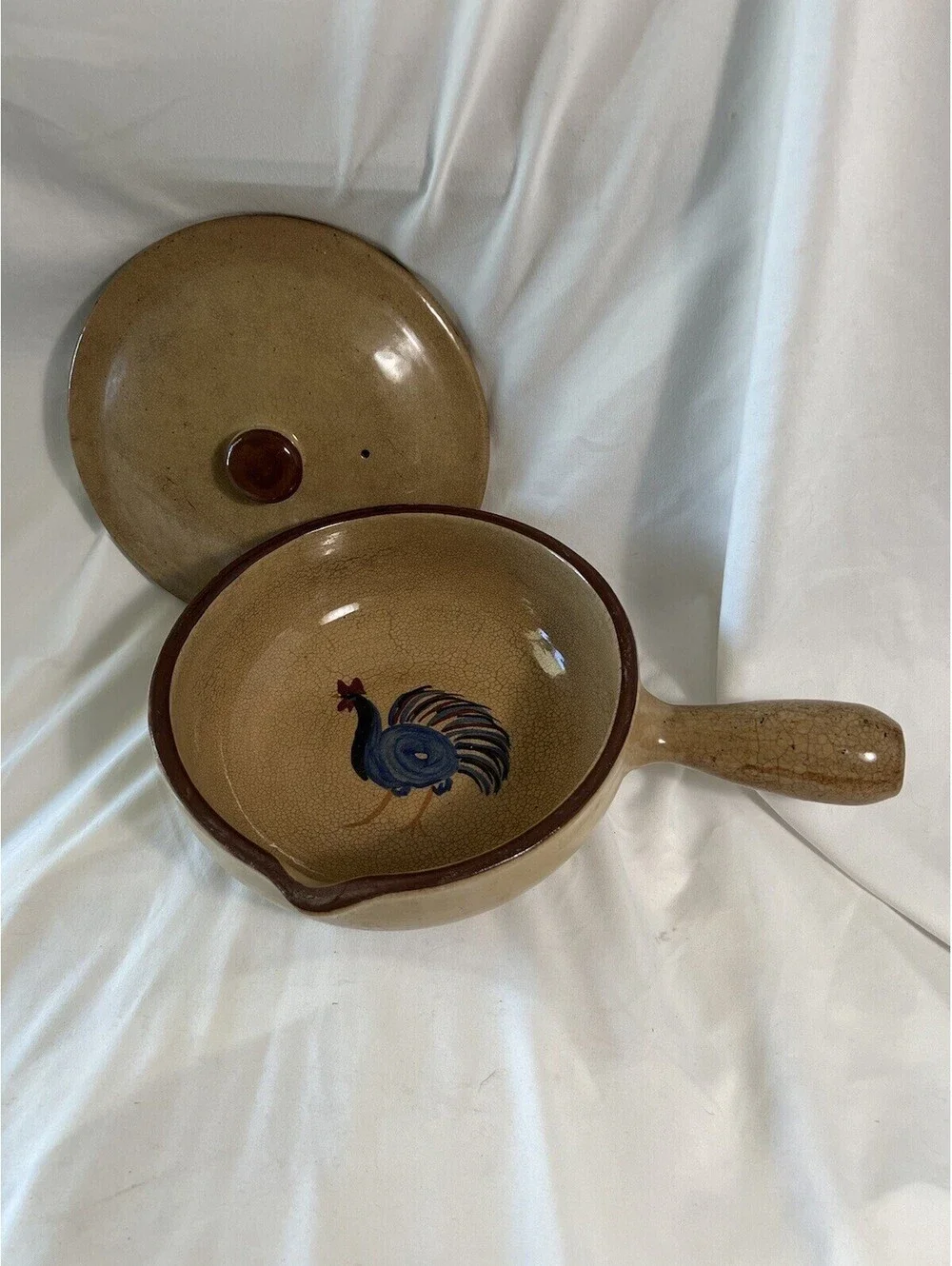 Antique Pottery Lidded Sauce Pot with Rooster Hand Painted